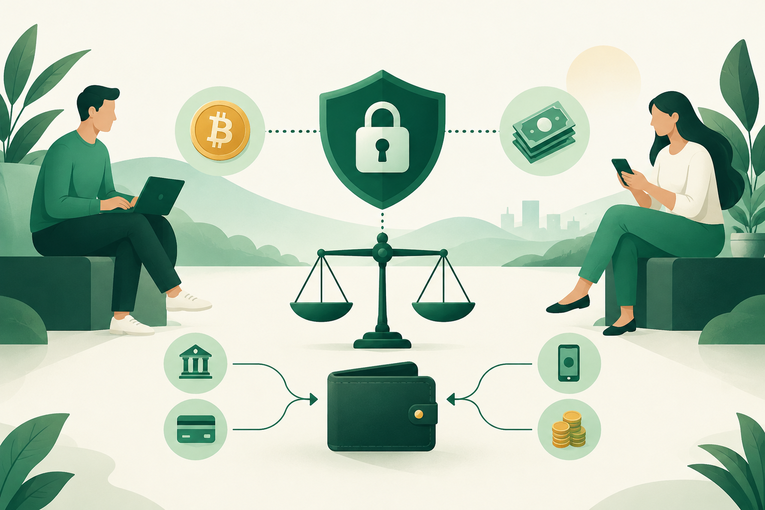 Emerald green illustration of two traders connected through an escrow lock beside a wallet and comparison scales.