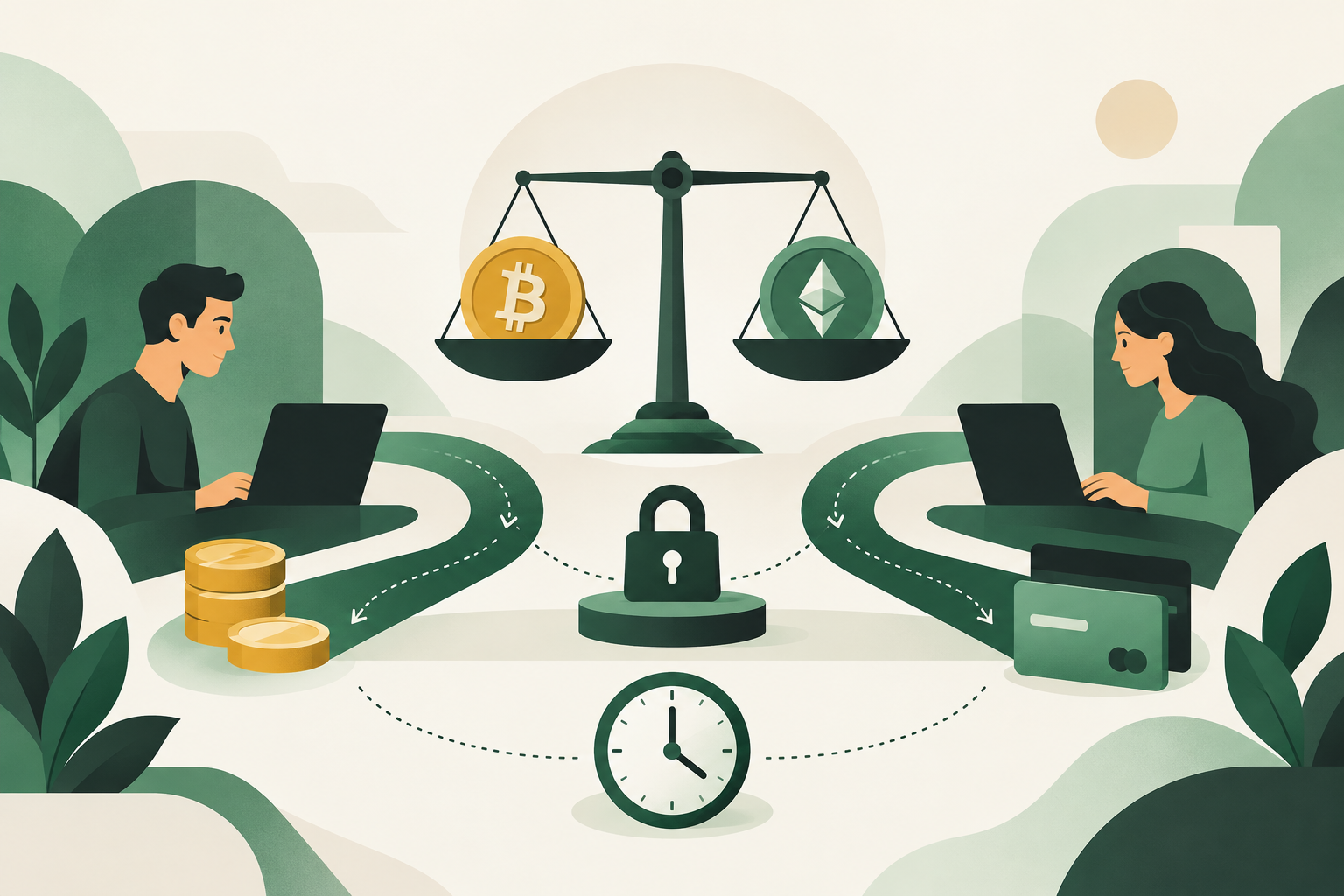 Emerald green illustration of two transaction paths with a comparison scale, escrow lock, payment cards, and clock.