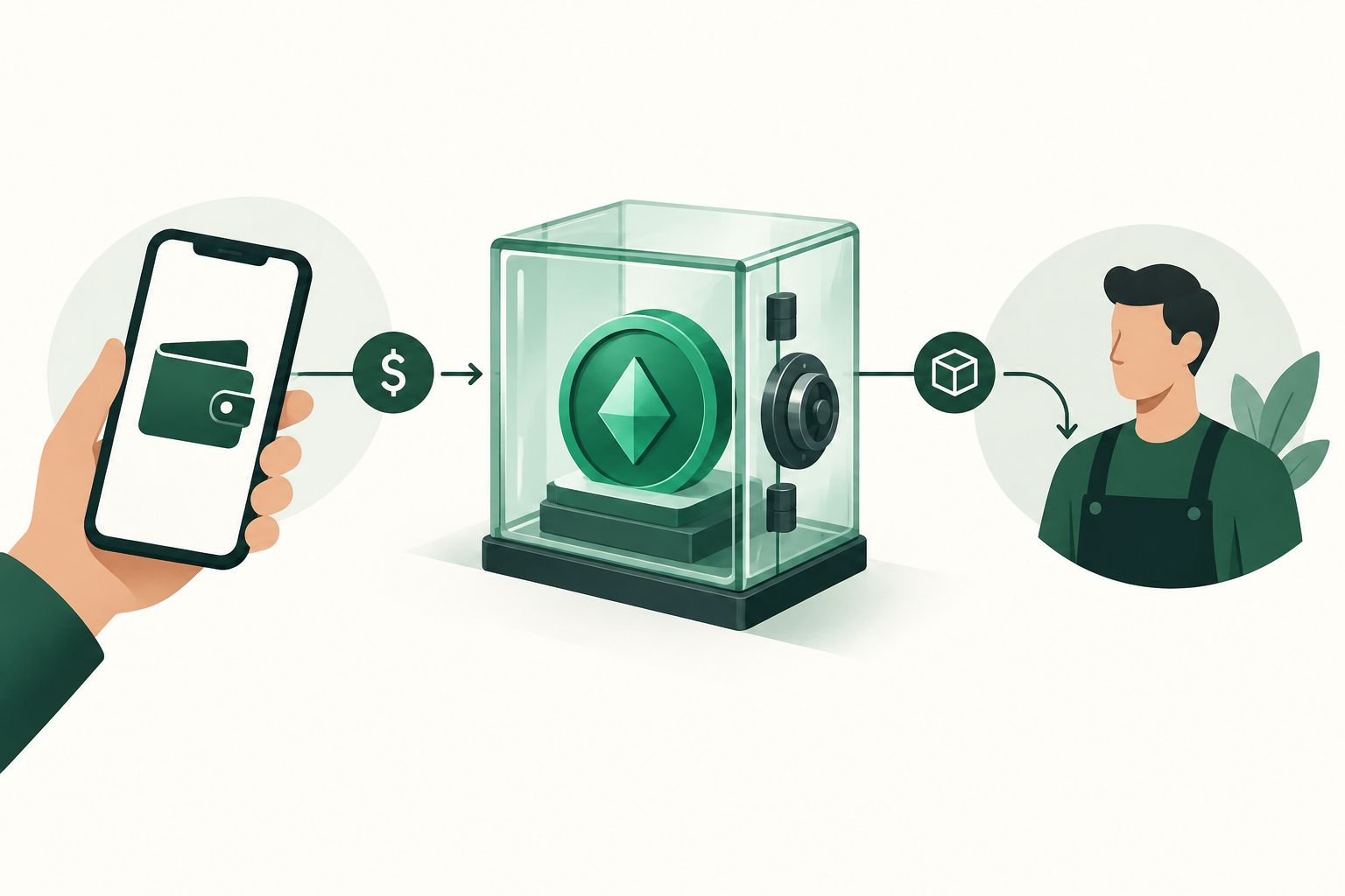 Illustration of a buyer and seller exchanging a digital payment through a central escrow vault.