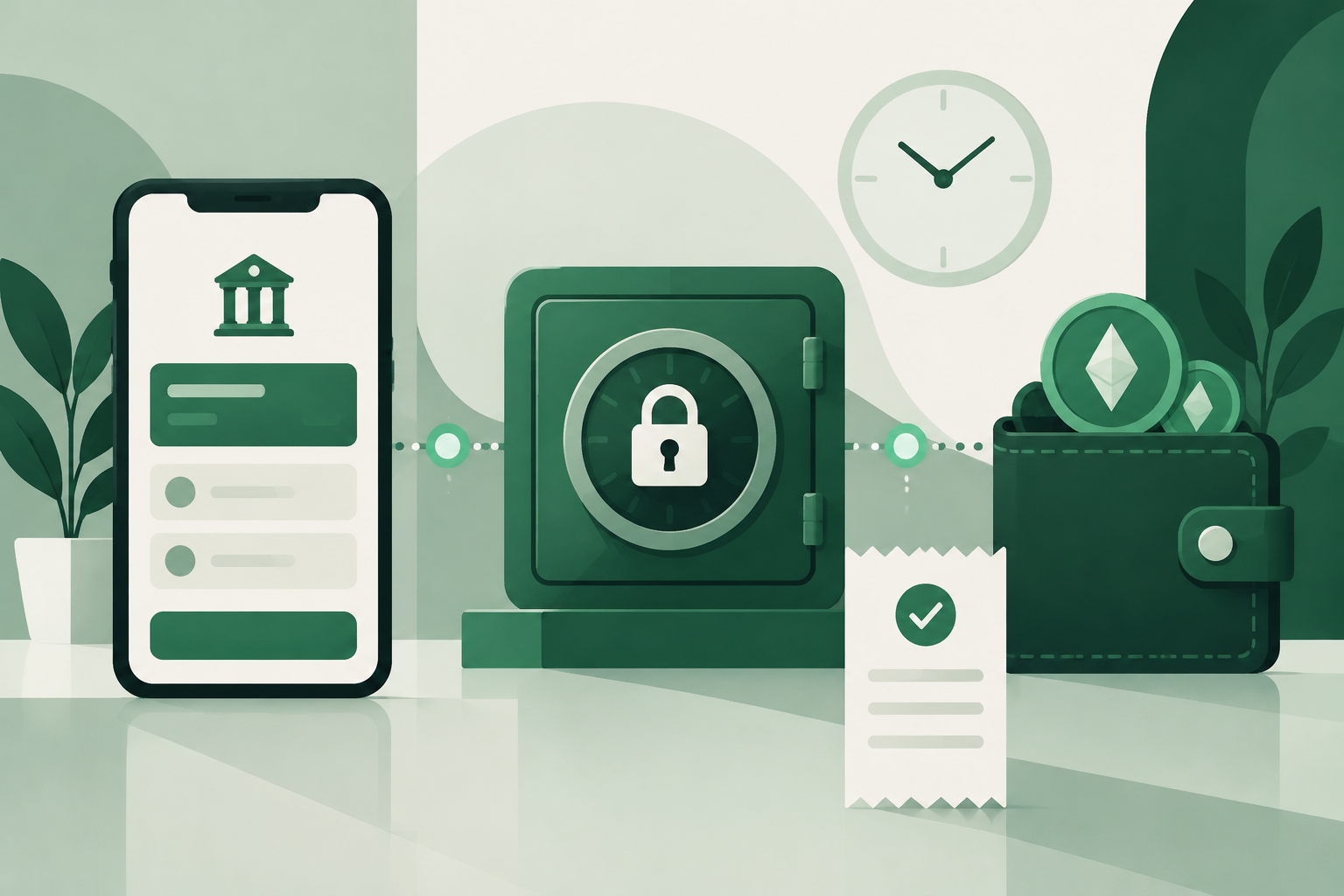Illustration of a bank transfer passing through protected escrow to a digital token wallet.