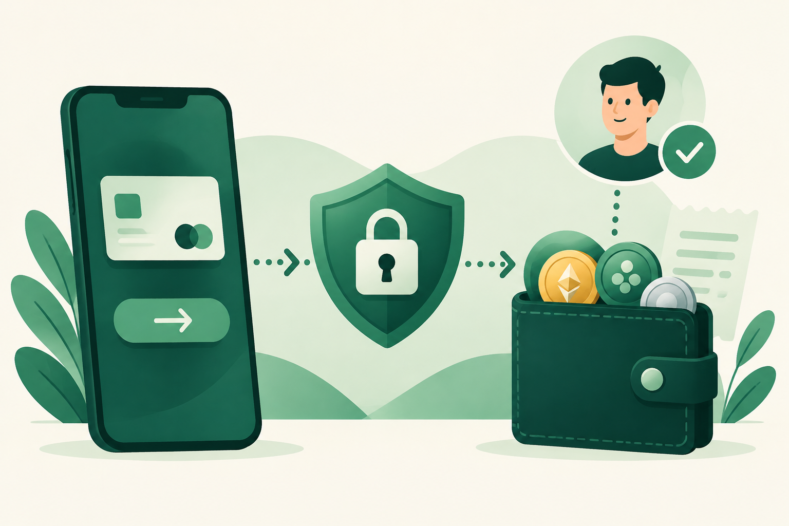 Illustration of a mobile money payment connecting through an escrow shield to a digital wallet.