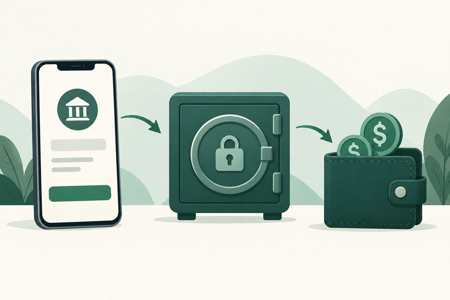 Emerald illustration of a phone payment, an escrow lock, and a separate digital token wallet.