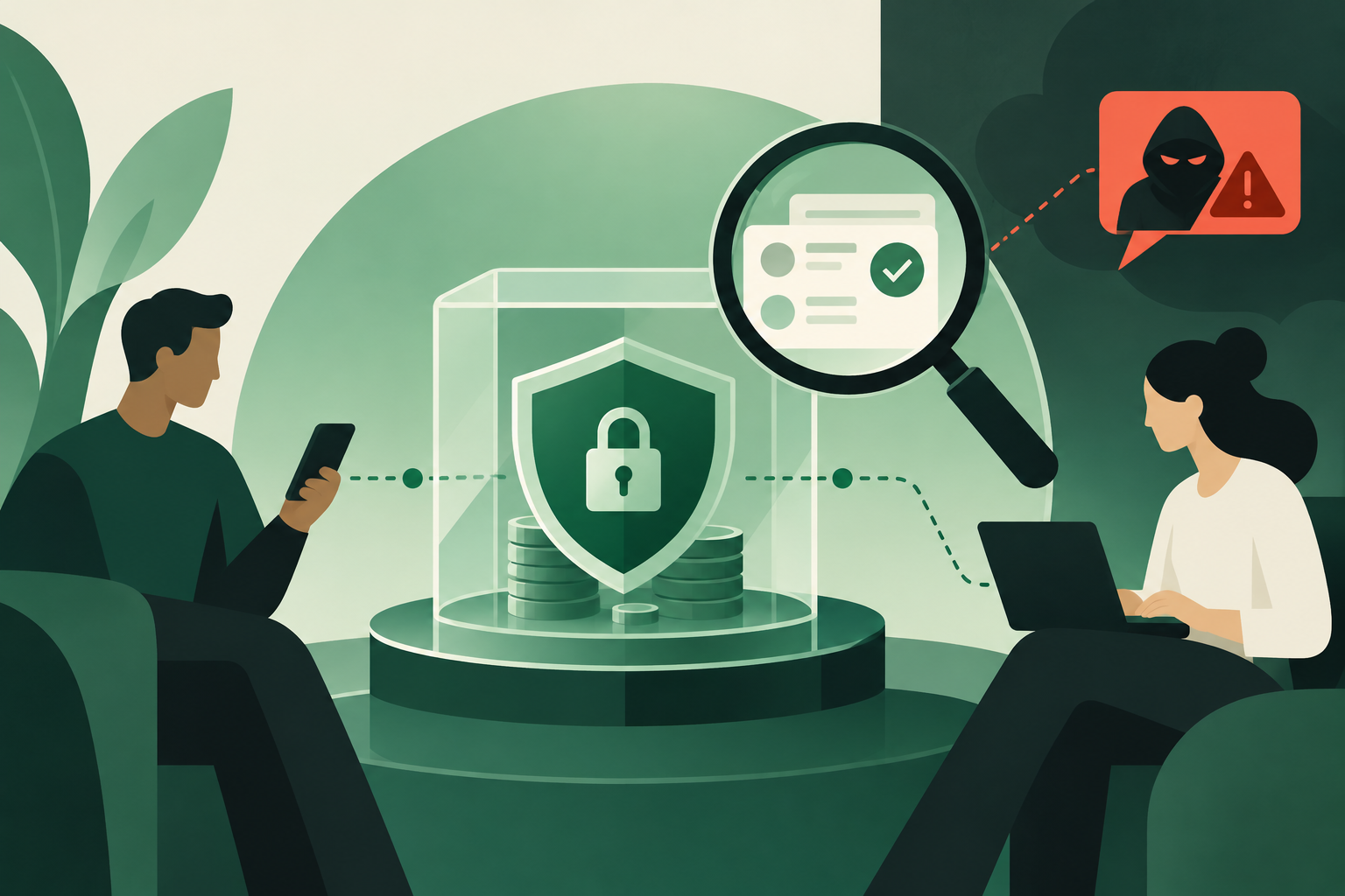 Illustration of two traders using an escrow vault while a magnifying glass checks a payment and a shield blocks a suspicious notification.