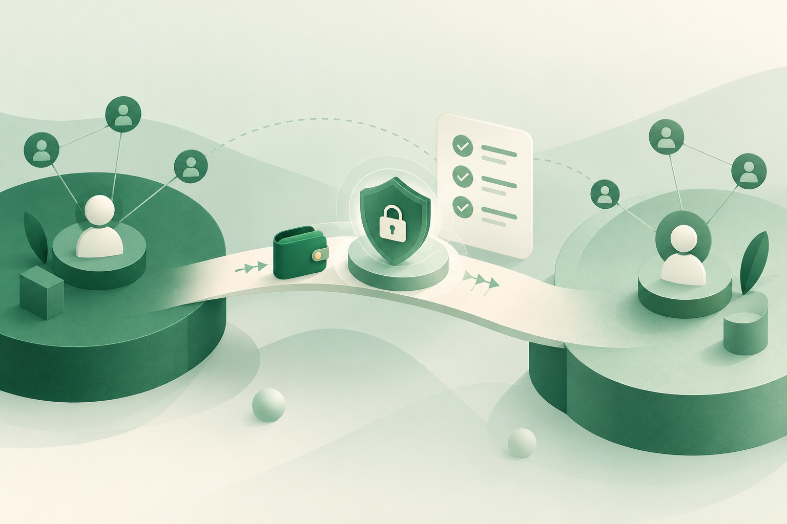 Emerald-green illustration of a wallet moving between two peer-to-peer trading spaces with a security shield and checklist.