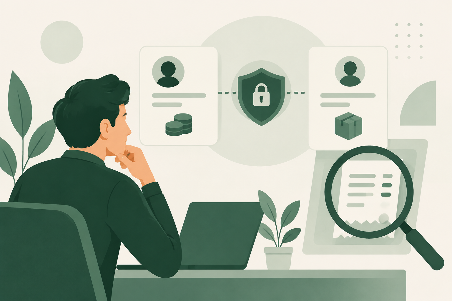 Editorial illustration of a person checking a peer-to-peer trade, with an escrow lock and payment receipt in emerald green.
