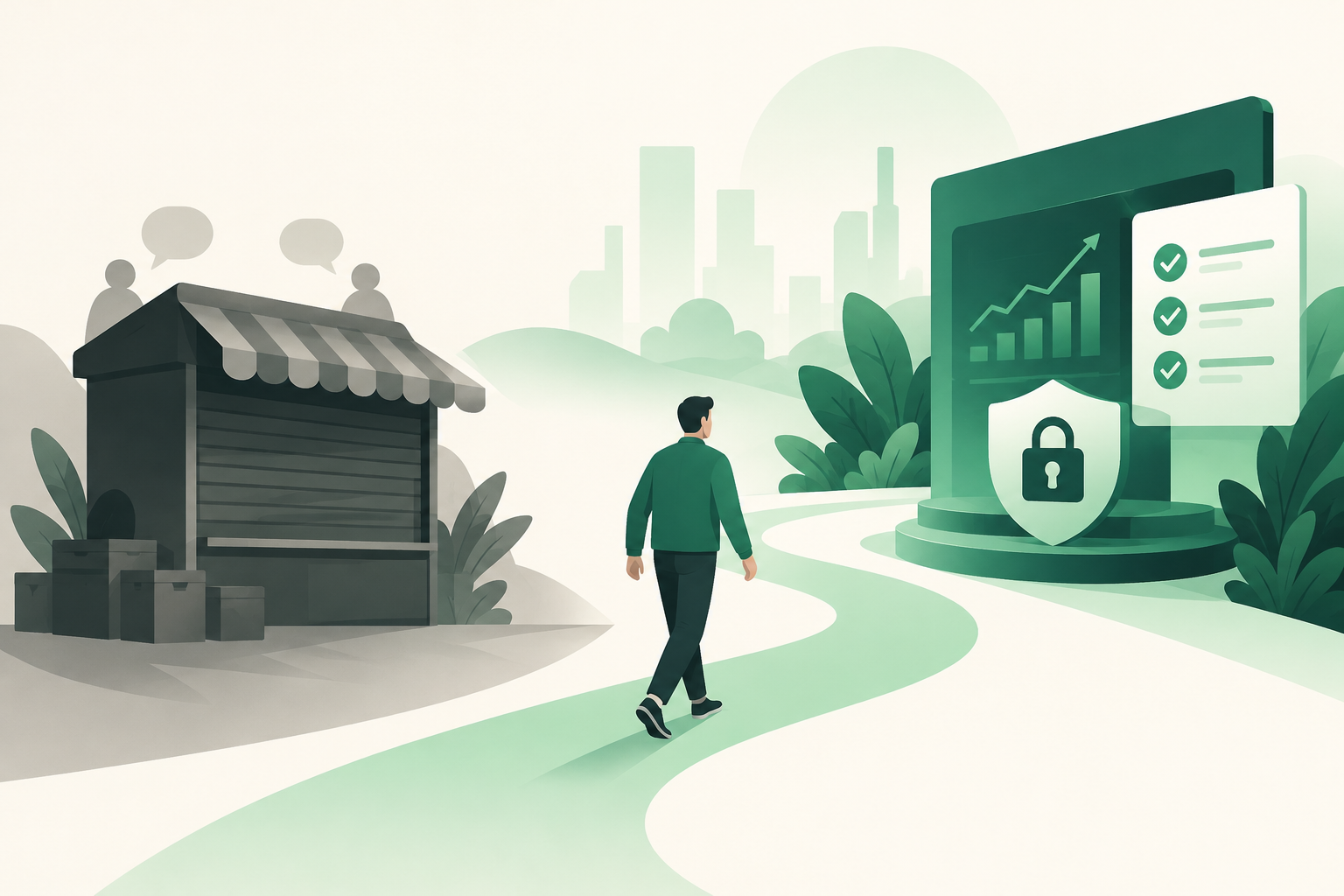 Emerald green illustration of a closed marketplace and a path toward a secure peer-to-peer trading interface.