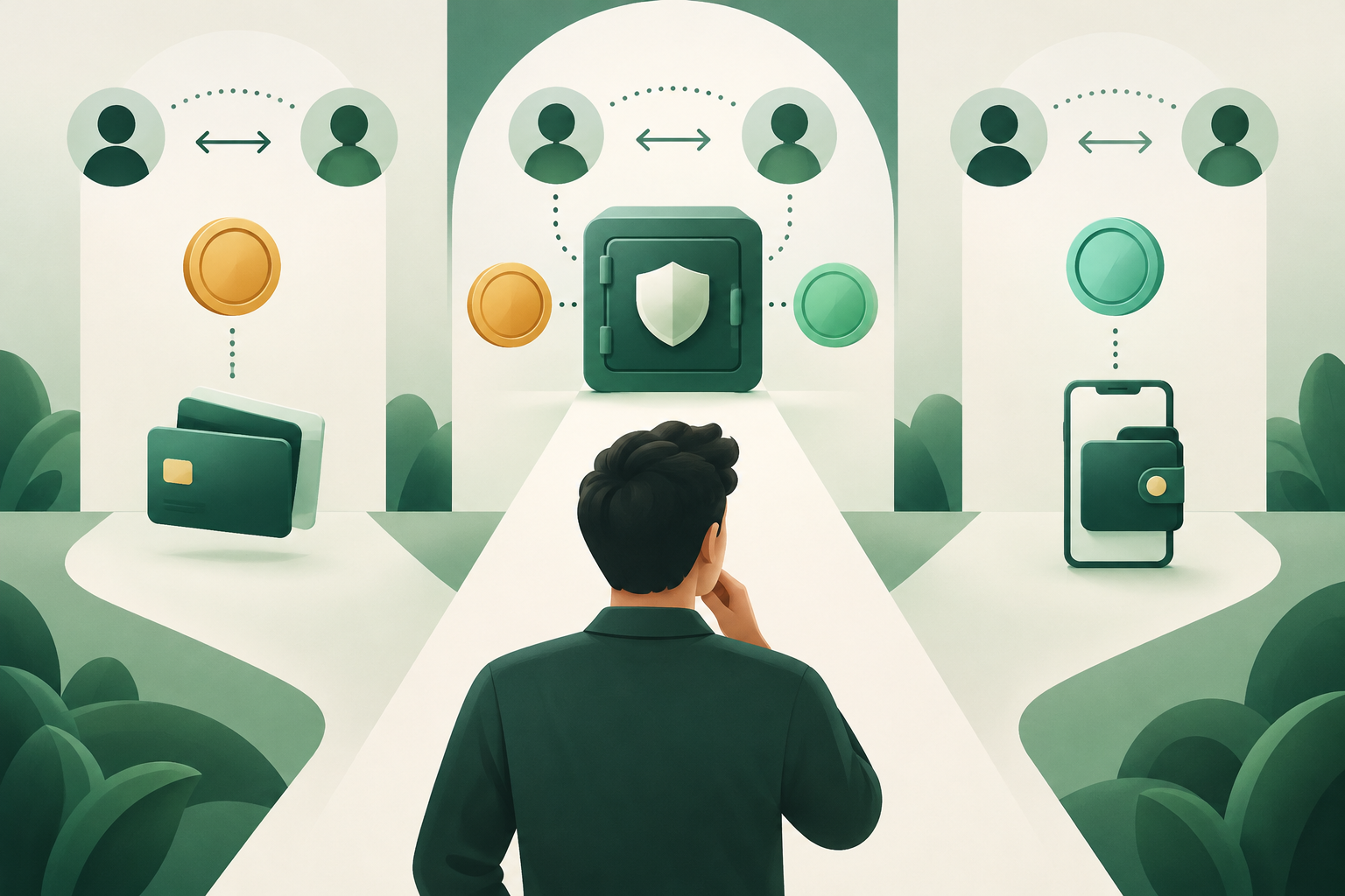 Emerald-green illustration comparing peer-to-peer trading routes around a protected escrow vault and local payment options.