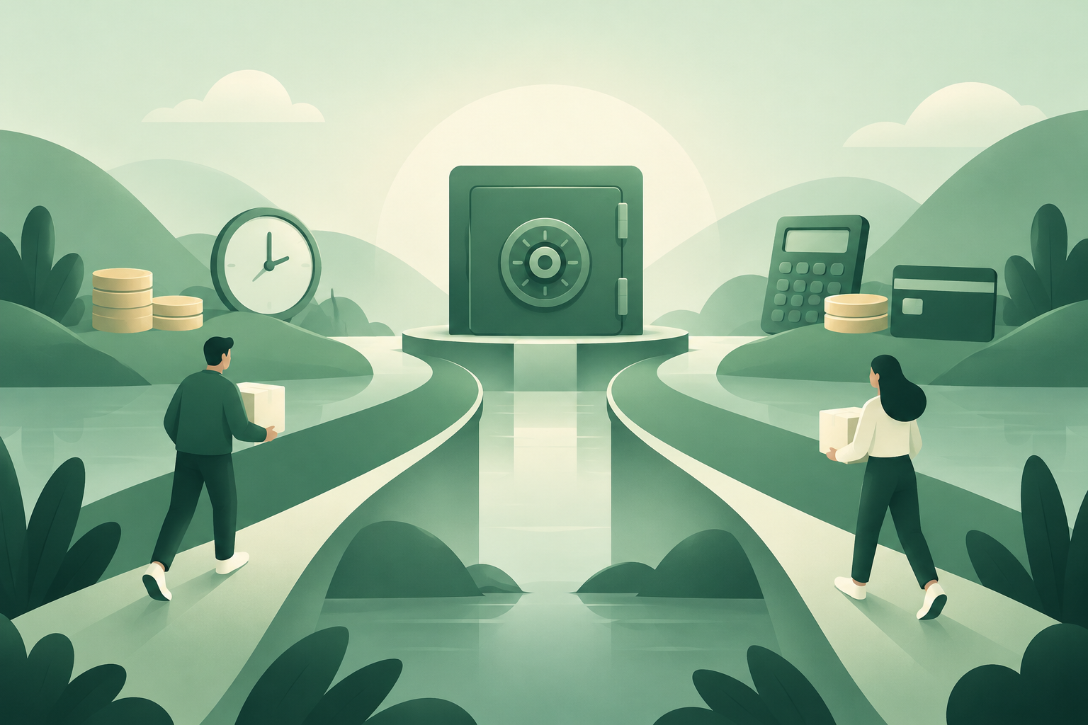 Emerald editorial illustration of two trading pathways with an escrow vault, calculator and clock.