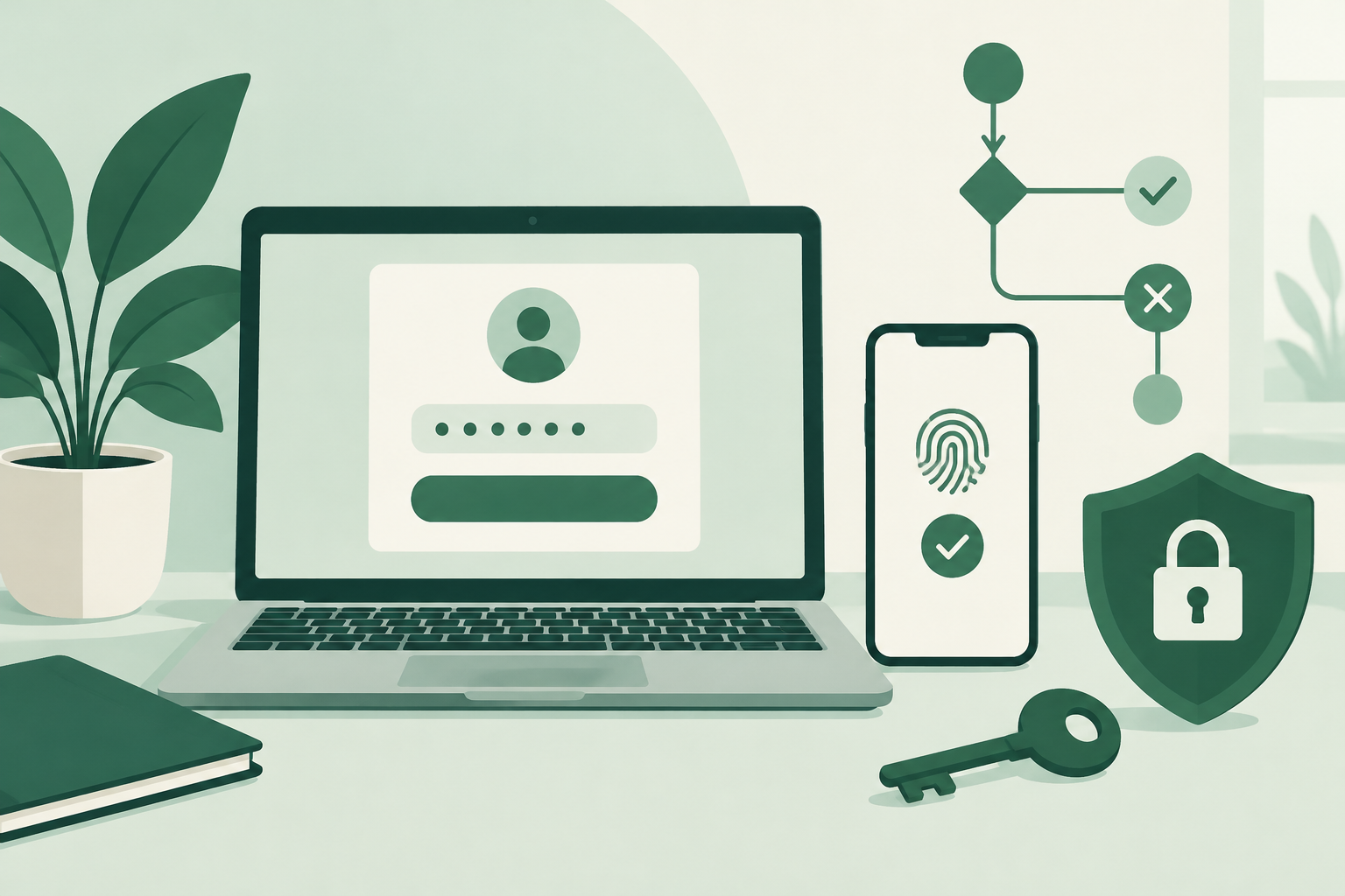 Emerald-green illustration of a laptop, authentication phone, shield, and key representing secure login troubleshooting.