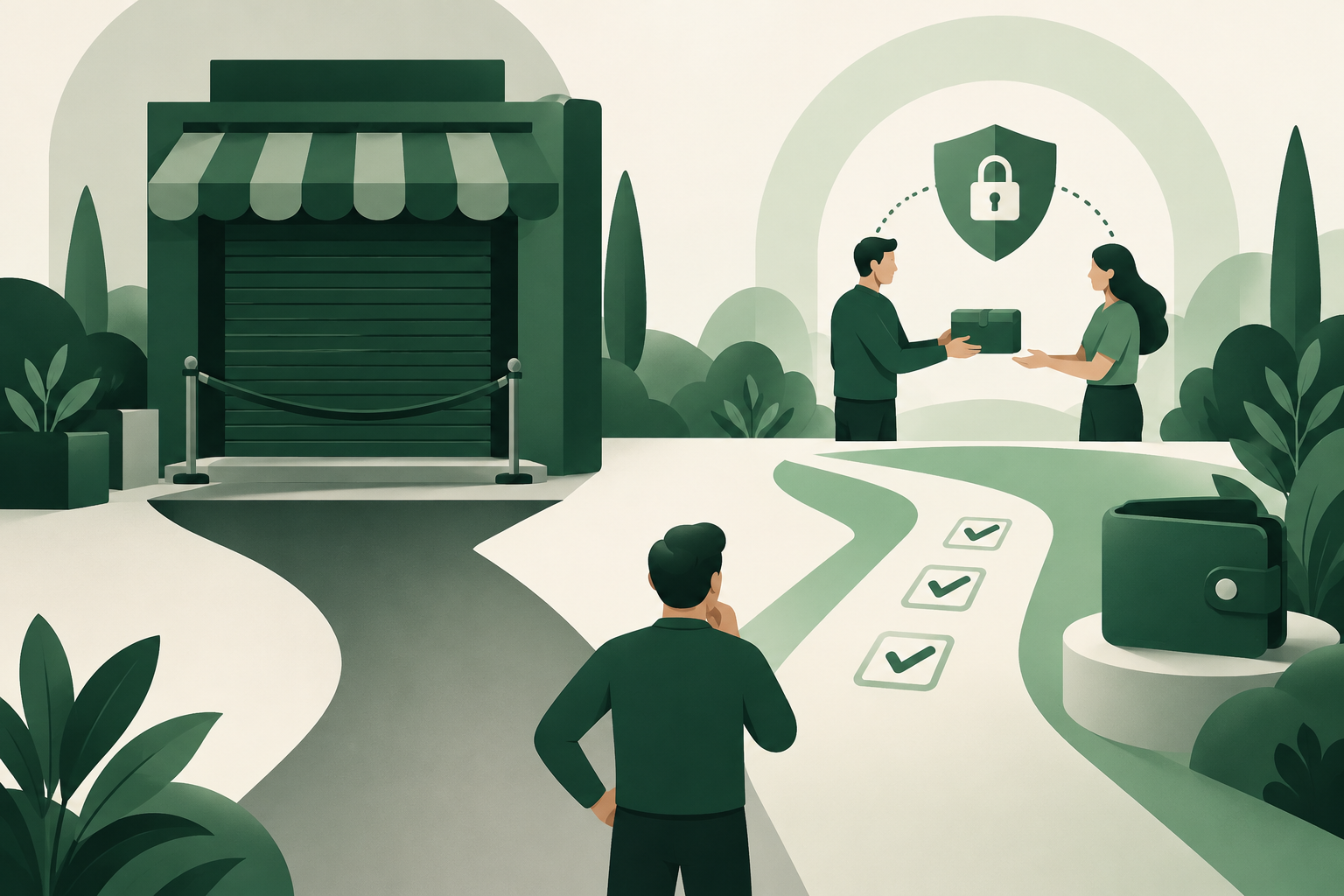 Emerald illustration of marketplace choices, a comparison checklist, and a secure peer-to-peer exchange.