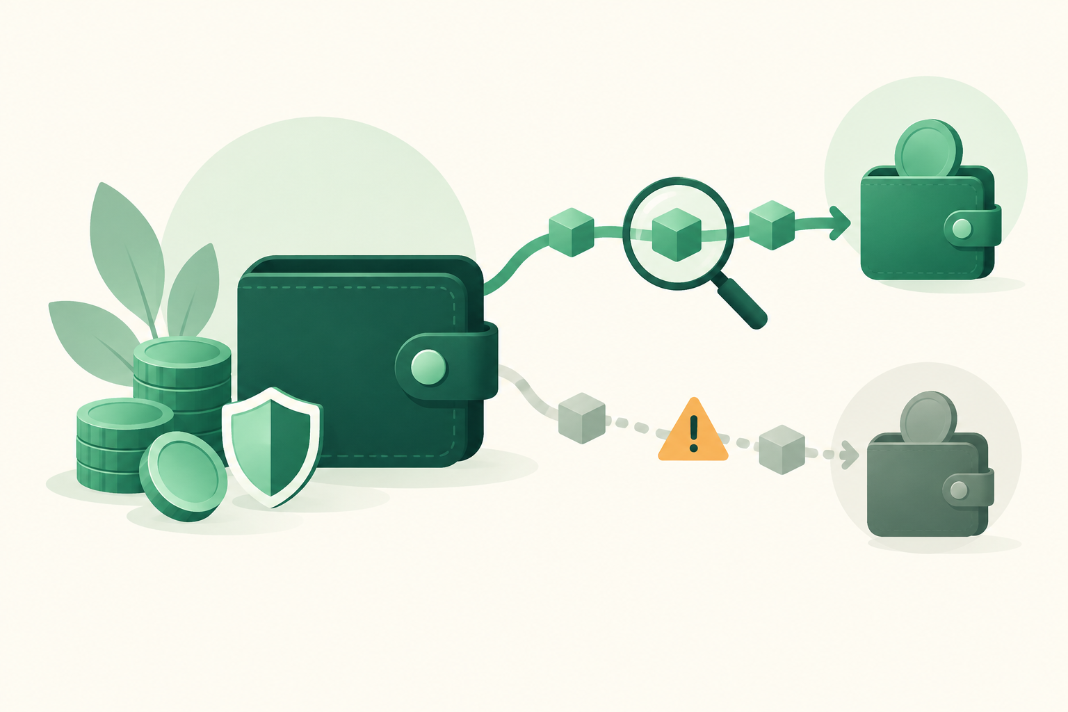 Illustration of a digital wallet with a shield and blockchain transfer paths being checked for compatibility.
