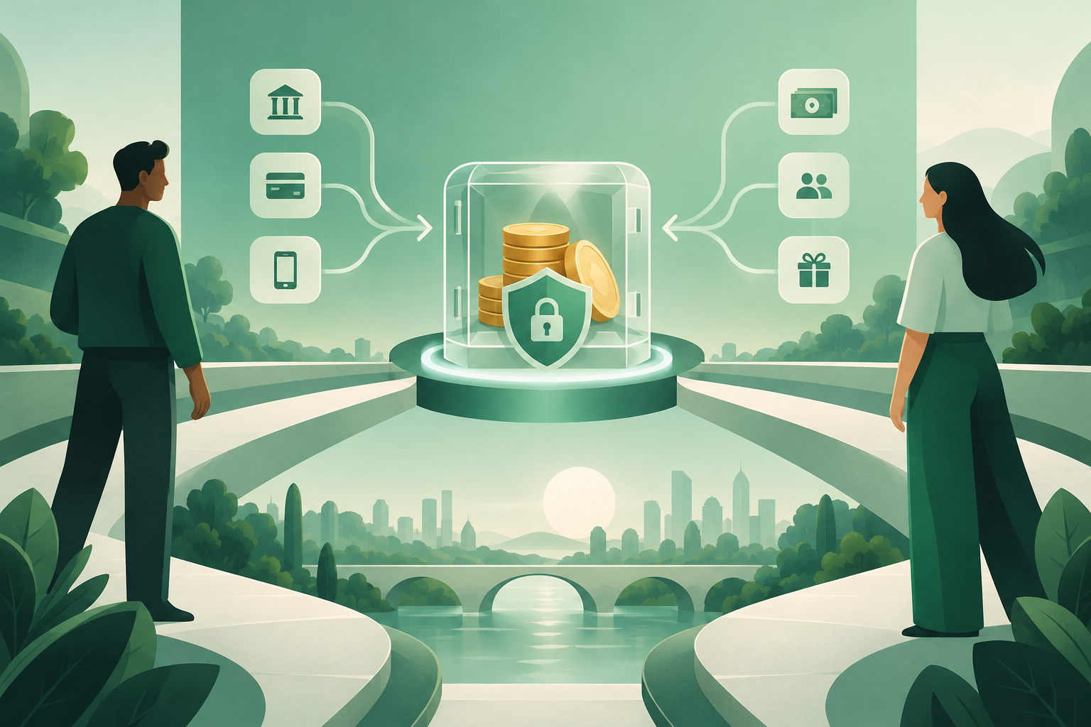 Emerald illustration of two people exchanging digital coins through a central escrow vault, with branching payment routes.
