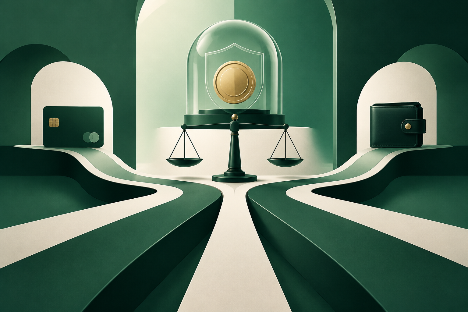 Emerald-green illustration of trading routes, a comparison scale and a protected digital coin representing P2P marketplace choices.
