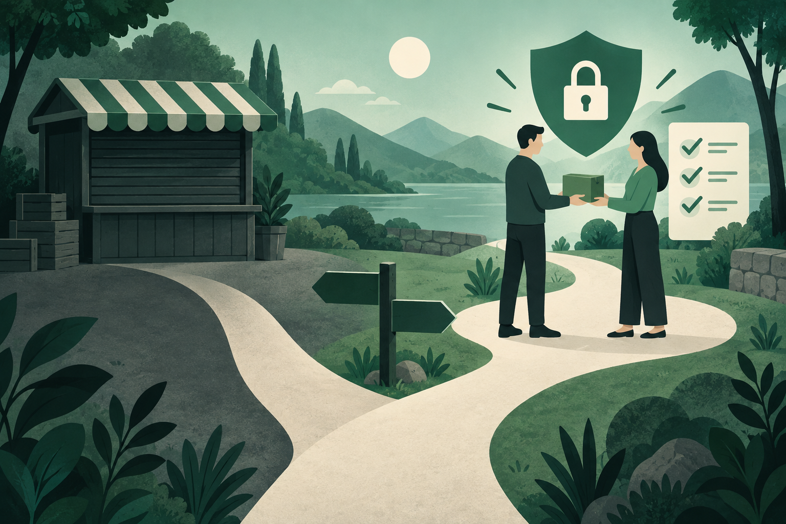 Editorial illustration of a closed marketplace and a path toward a secured peer-to-peer exchange with a checklist.
