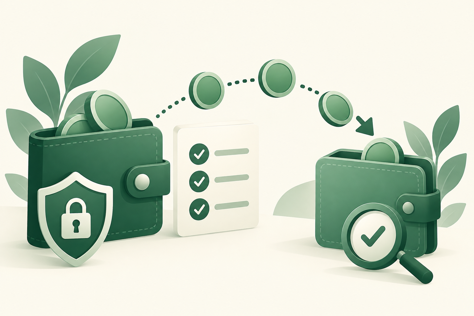 Emerald illustration of a wallet, verification checklist, and secure transfer path between two wallets.